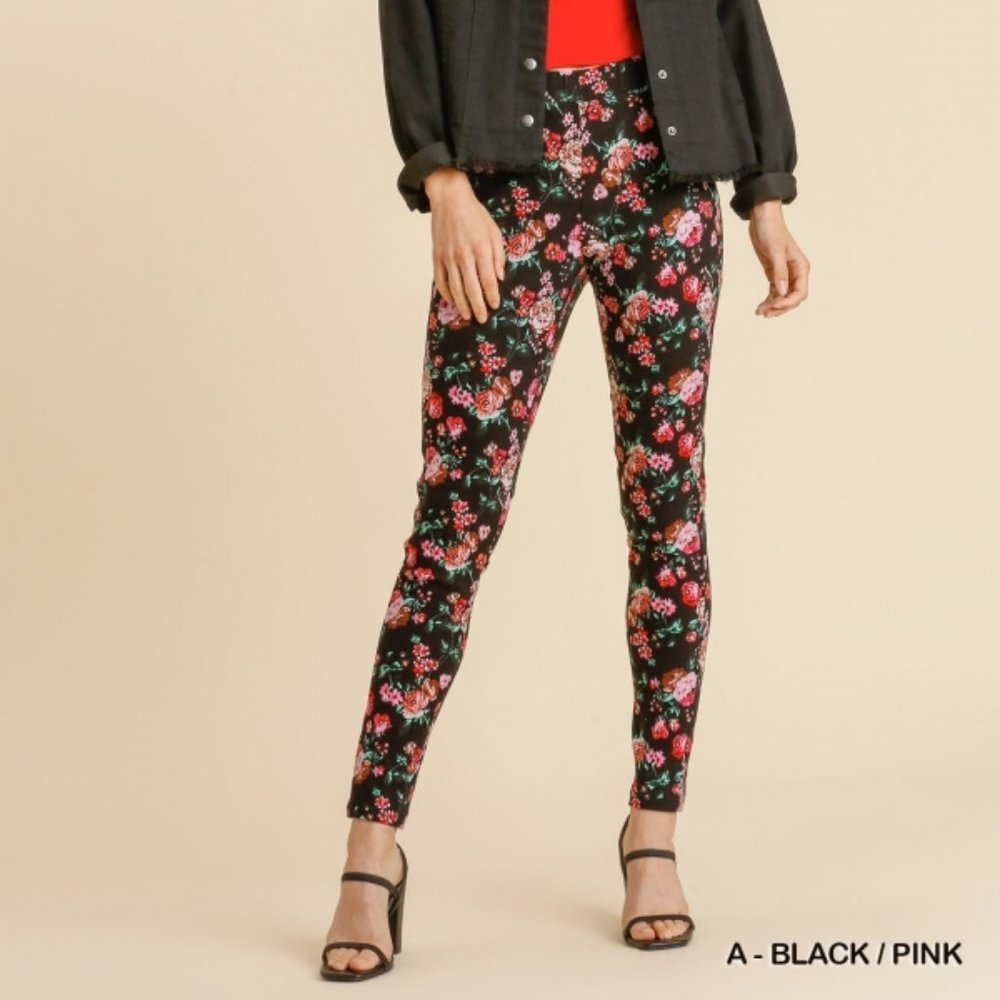 Brushed Cotton Floral Print Elastic Waistband Jeggings with Back Pockets